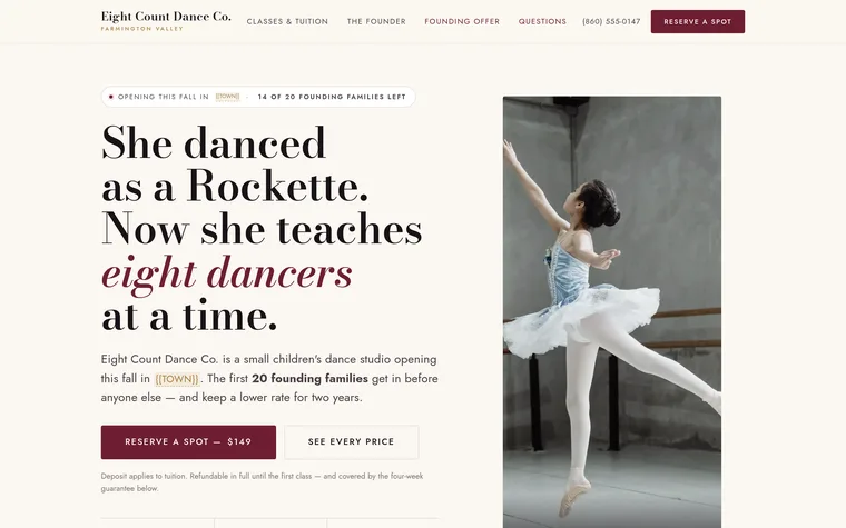 Landing page of a dance studio launch funnel