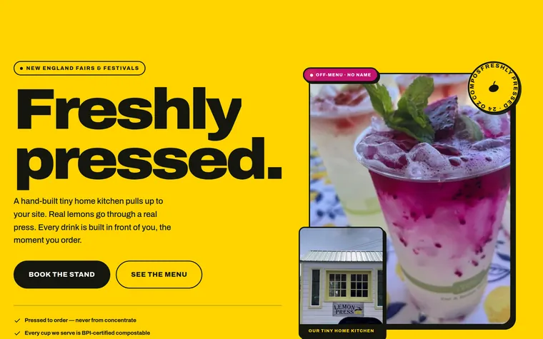 Homepage of a mobile lemonade kitchen site